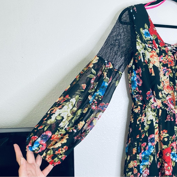 Betsey Johnson NEW Floral Tie Front Lace Peasant Sleeves Chiffon Mini Dress 2 - Picture 3 of 10